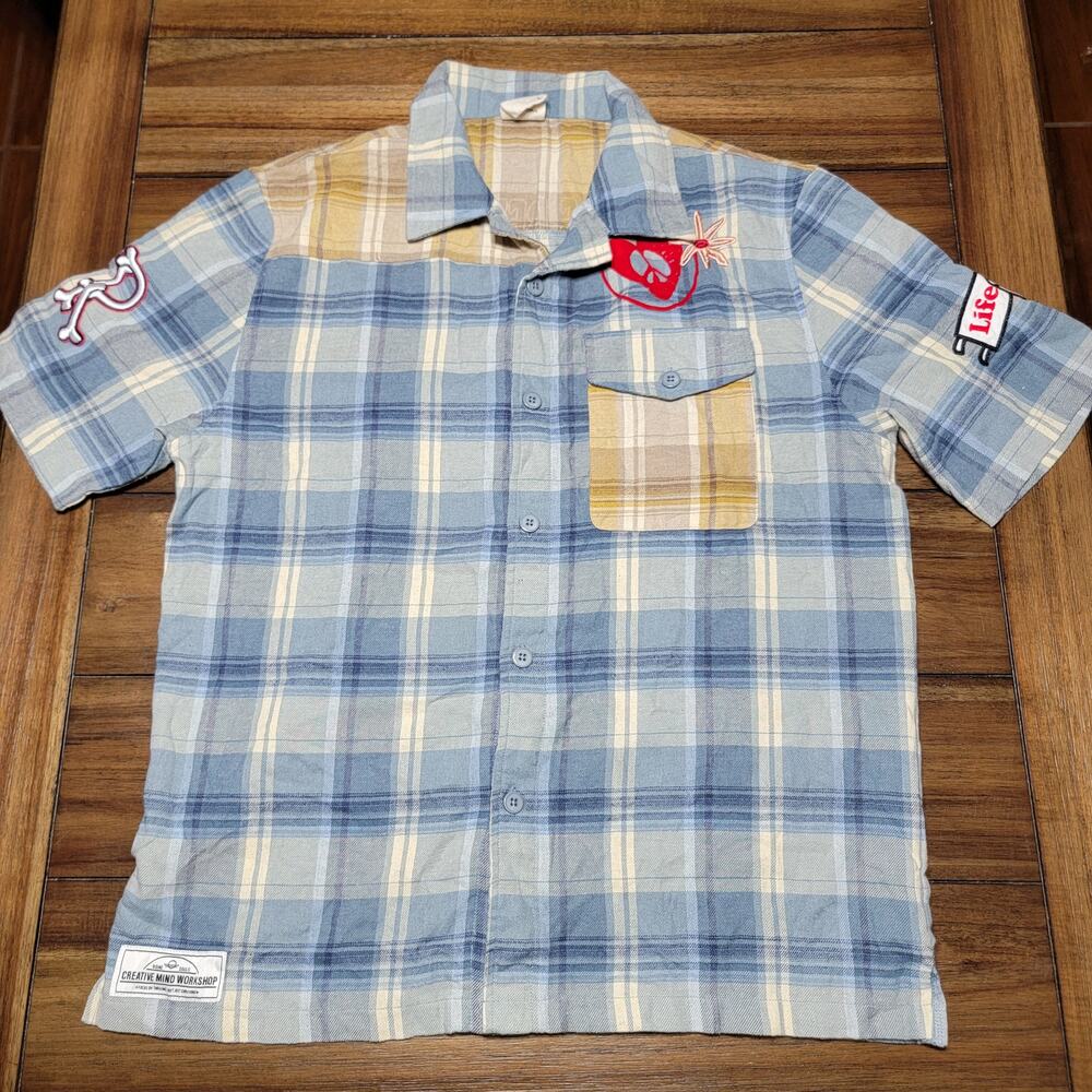 Smoke Rise Blue & Brown Plaid Full Button Shirt w/Embroidery - Size Large
